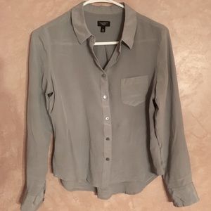100% silk, gray button down shirt / blouse